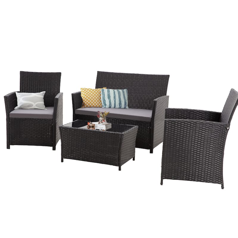 4 Piece Outdoor PE Wicker Furniture Set - Black