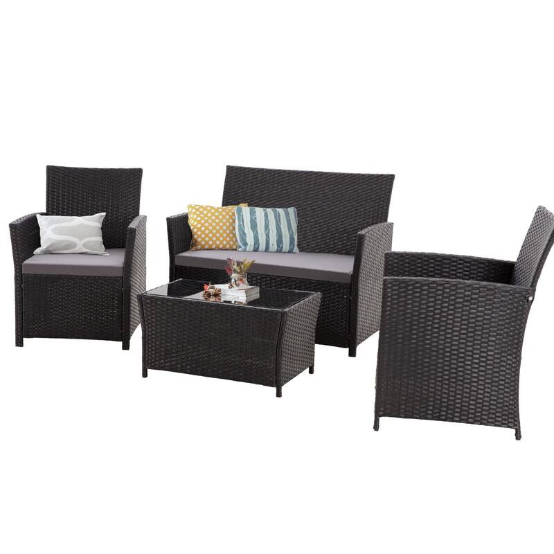 4-Piece Outdoor PE Wicker Sectional Sofa Set with Washable Cushions - Black