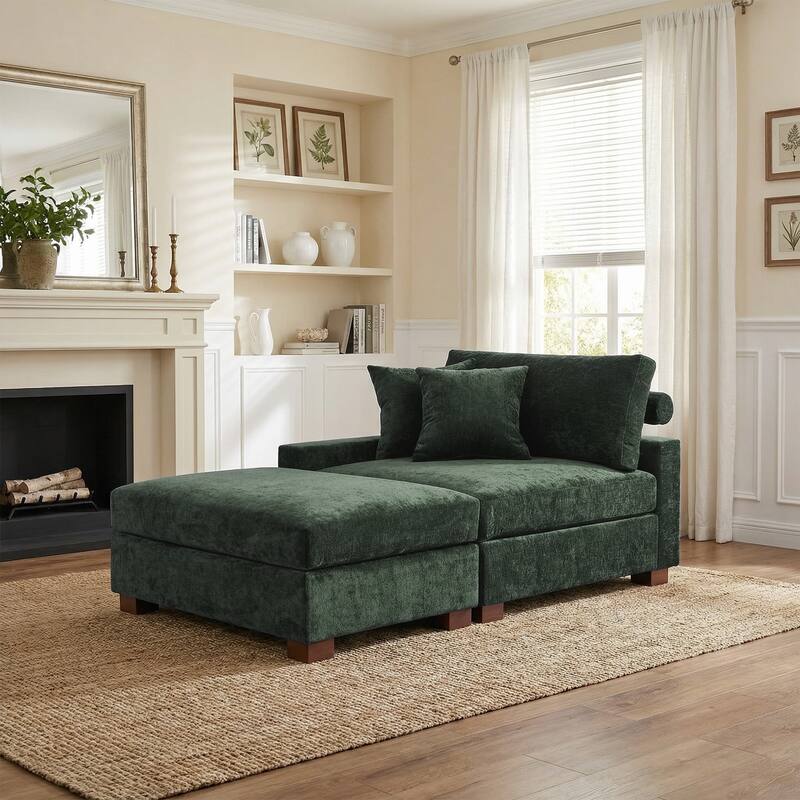 Plush Chenille Single Modular Sectional Sofa Chaise with Pillows - Green-Sofa+OT L - Left Facing