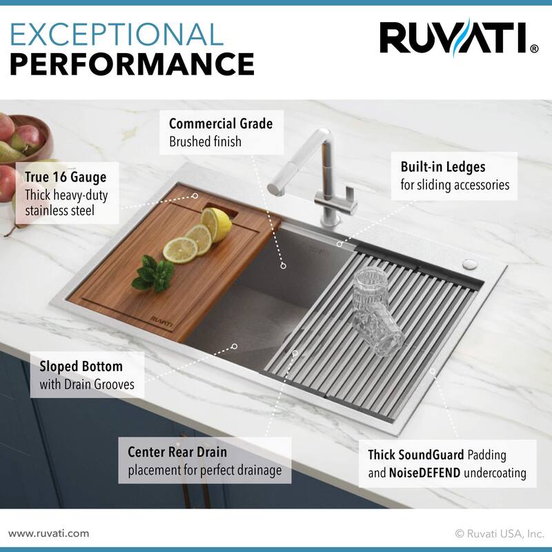 Ruvati 33 x 22 inch Workstation Ledge Drop-in Topmount Kitchen Sink 16 Gauge Stainless Steel Single Bowl - RVH8003 - 33" x 22"
