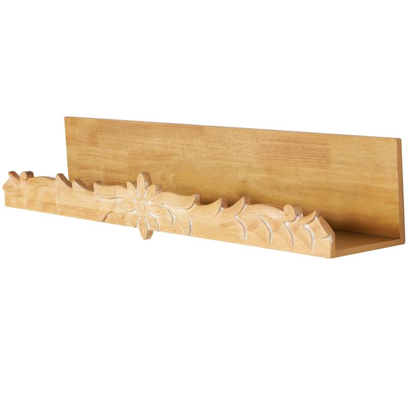 Light Brown Wooden Floral Room Wall Shelf with Carved Scroll Lip