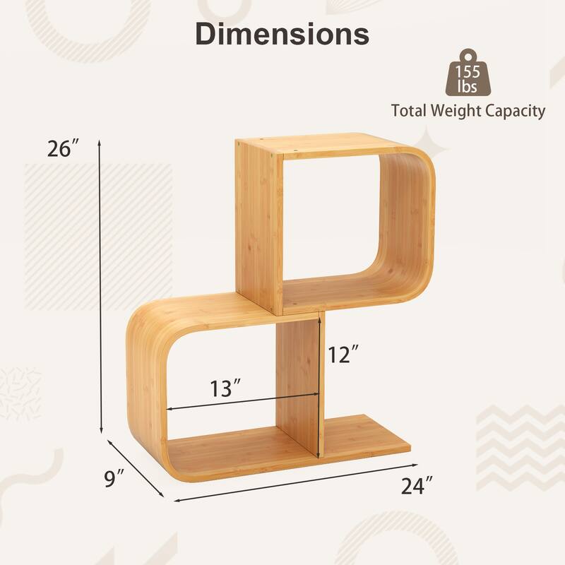 Gymax Bamboo Geometric Bookshelf 2-Tier S-Shaped Bookcase w/