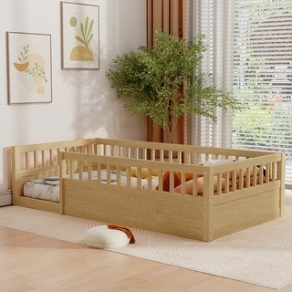 Twin Size Wood Kids Floor Beds Frame with Fence and High Guardrails for Bedroom Playroom