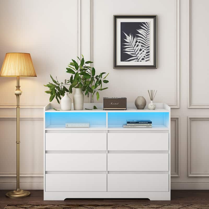 6-Drawer Dresser with LED Lights, Modern Dressers with Sturdy Frame for Living Room
