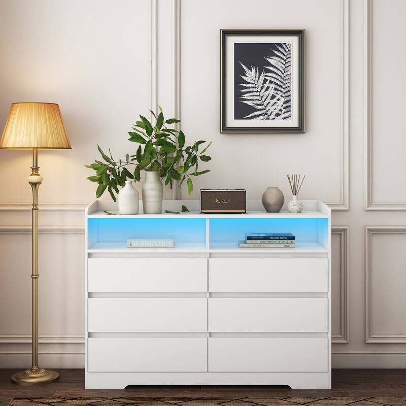 Modern Drawer Dresser with Frame, LED Light 6 Drawers, for Bedroom Living Room Entryway Hallway, White