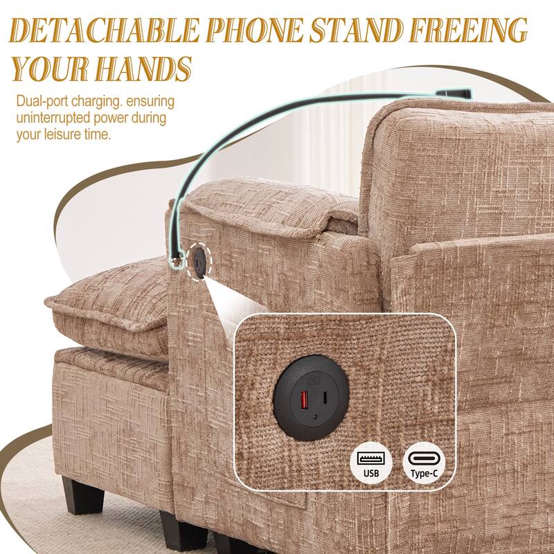 Modern Chenille Chaise Couch L-shaped Sectional Sofa with Storage Ottoman, Phone Holder, USB/Type-C Ports and Side Pockets