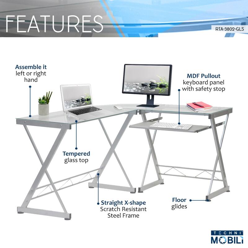 Techni Mobili L-Shaped Tempered Glass Top Computer Desk