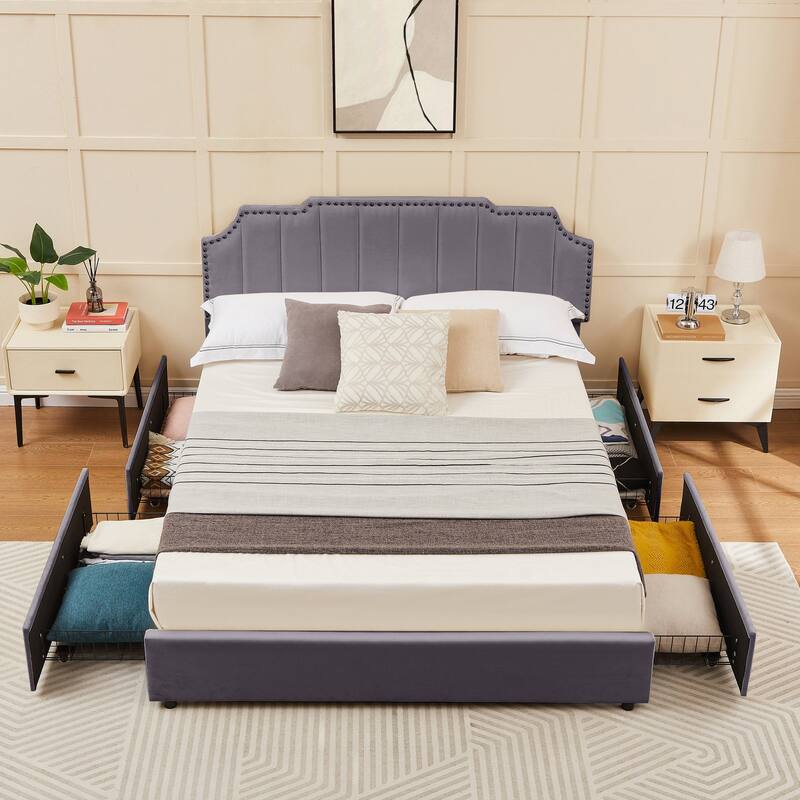 Javlergo Bed Frames with Storage Drawers Upholstered Bed with Tufted Headboard Princess Platform Bed with Wooden Slats Support - Grey - Full