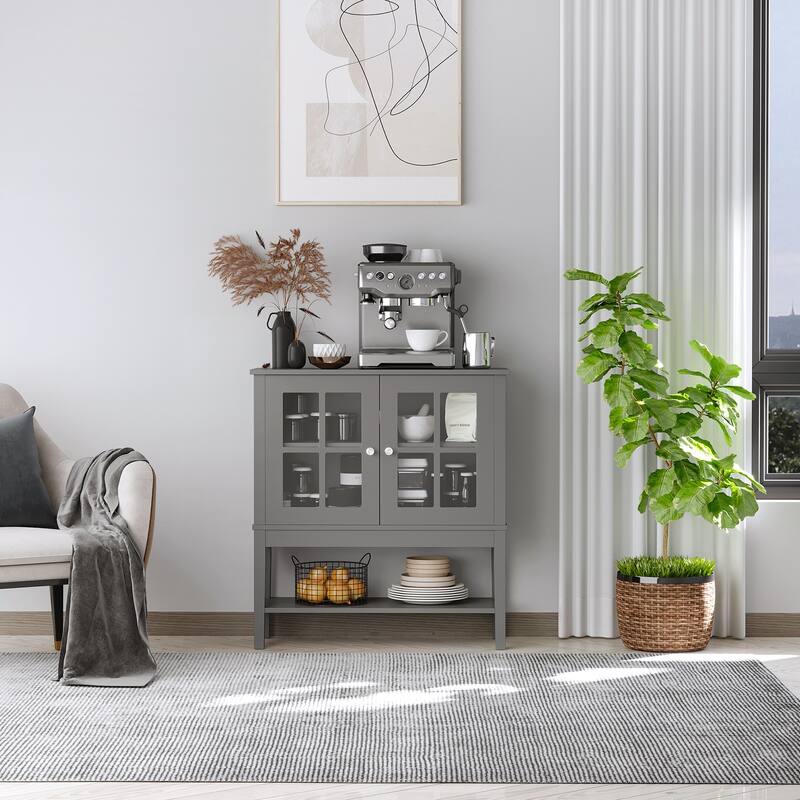 Grey Sideboard Buffet Cabinet with Glass Doors and Adjustable Shelf for Kitchen or Living Room Storage - 31.5" L x 11'W x 33" H