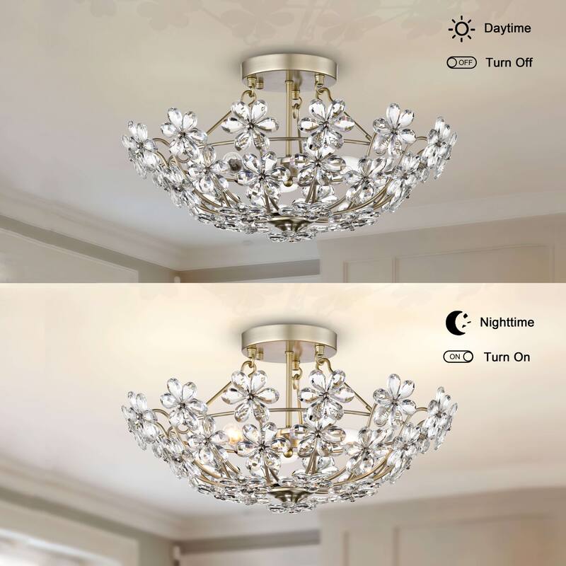 Rosa Glam 3-Light 20" Daisy Crystal Glass Flower Blossom Flush Mount - Brushed Silver-ish Champagne