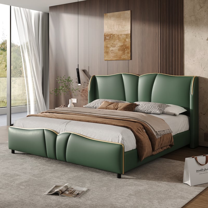 Christopher Knight Home - Emerson Modern Leather Upholstered Bed Frame with Wingback Headboard and Wavy Footboard