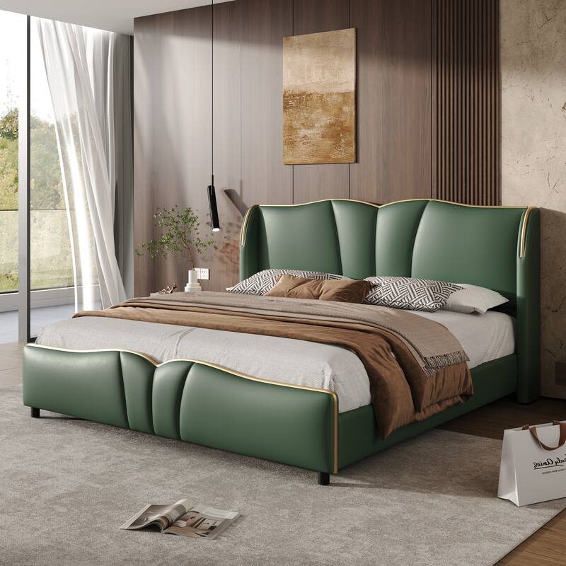 PU Leather Upholstered Bed Wingback Bed, Platform Bed Frame with Wave-Shaped Headboard & Footboard - Dark Green - Queen