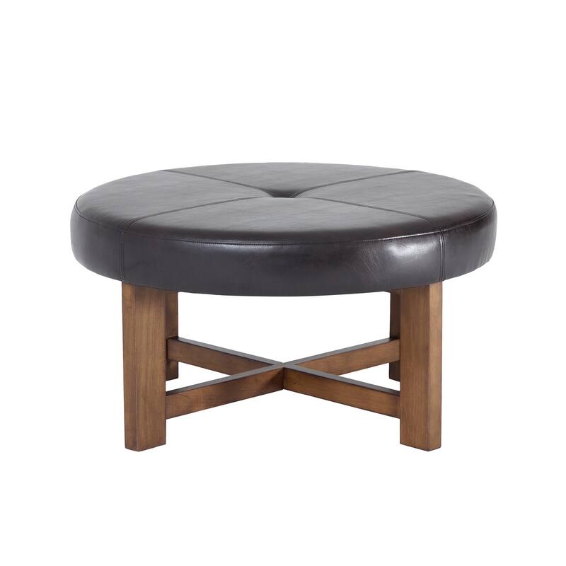 Christopher Knight Home - Marlowe Modern Round Faux Leather Ottoman Coffee Table with Tufted Top and Wood Base