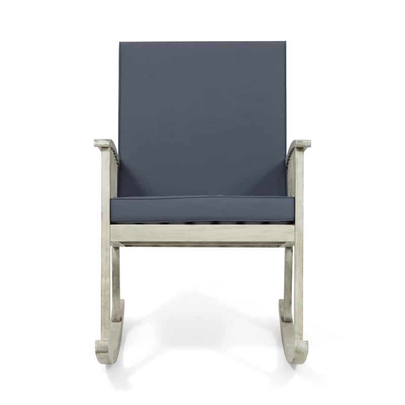 Roomfitters Casa Acacia Rocking Chair, Outdoor Patio Rocker with Slatted Arms & Cushion, Rustic Weathered Wood Finish, Grey