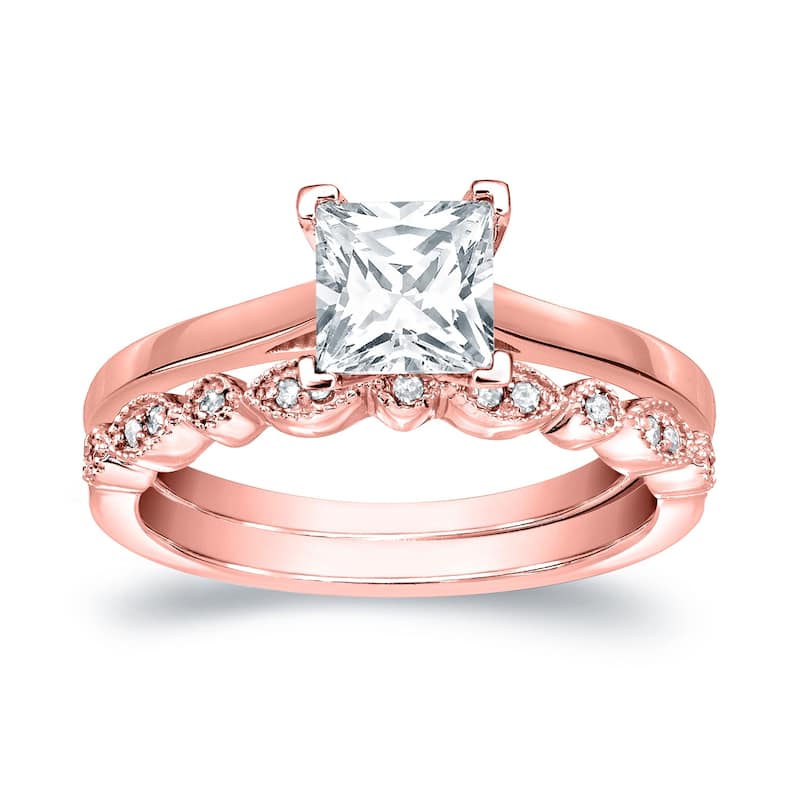 Auriya 14k Gold 1 1/6ctw Princess-cut Solitaire Diamond Engagement Ring Set - Rose - 5.5