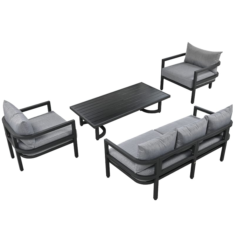 All Weather Steel Outdoor Furniture Set, 4 Seats Patio Conversation Sofa Sets with Coffee Table and Removable Cushions
