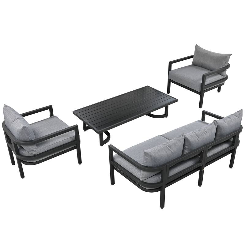 Patio Furniture Set, 5 Pcs Outdoor Steel Sofa Set, All-Weather Conversation Set with Coffee Table and 2 Single Chairs