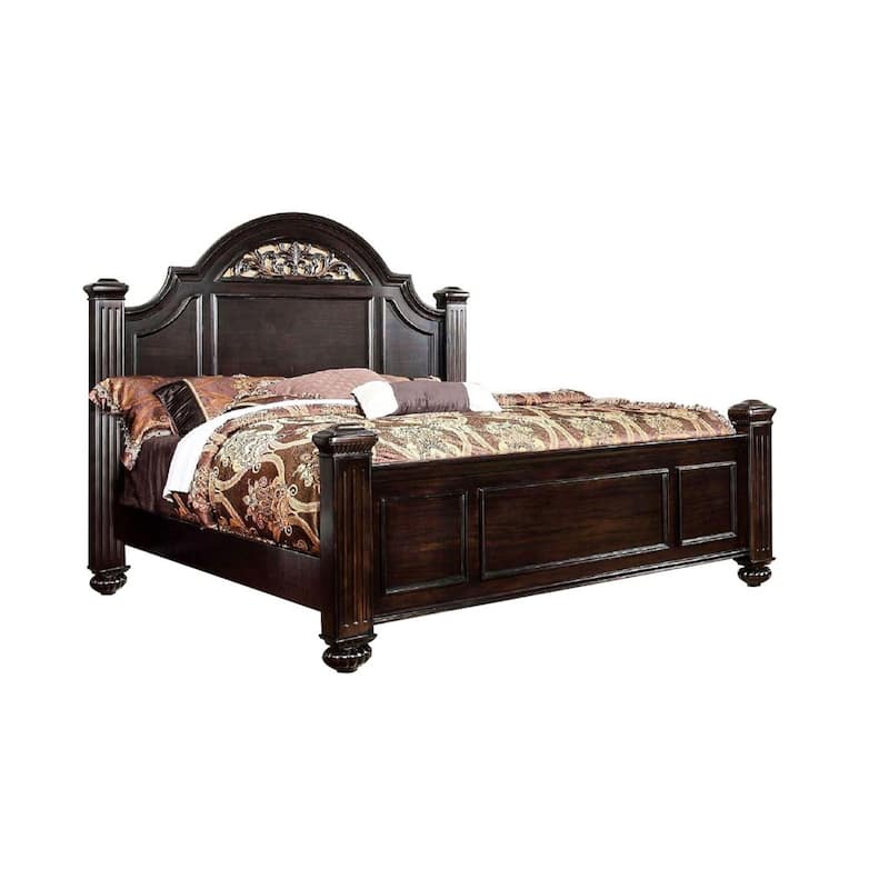 Wooden Bed With Floral Design in Headboard, Dark Walnut