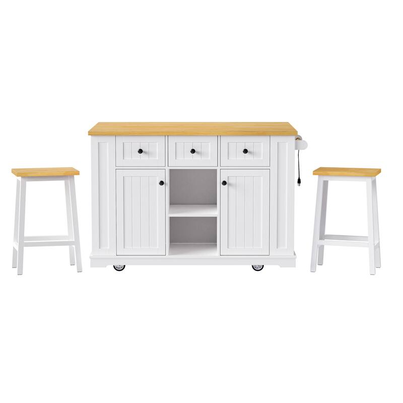 53.14'' Kitchen Island with 2 Bar Stools, Power Outlet,Door Internal Storage Rack, Drop Leaf, 5 Open Side Racks, 3 Drawers