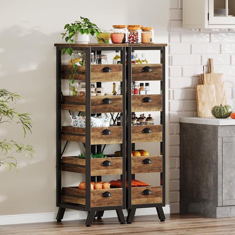 5-Tier Fruit Vegetable Storage Rack, Narrow Snack Stand Fruit Basket - Brown(2PCS)