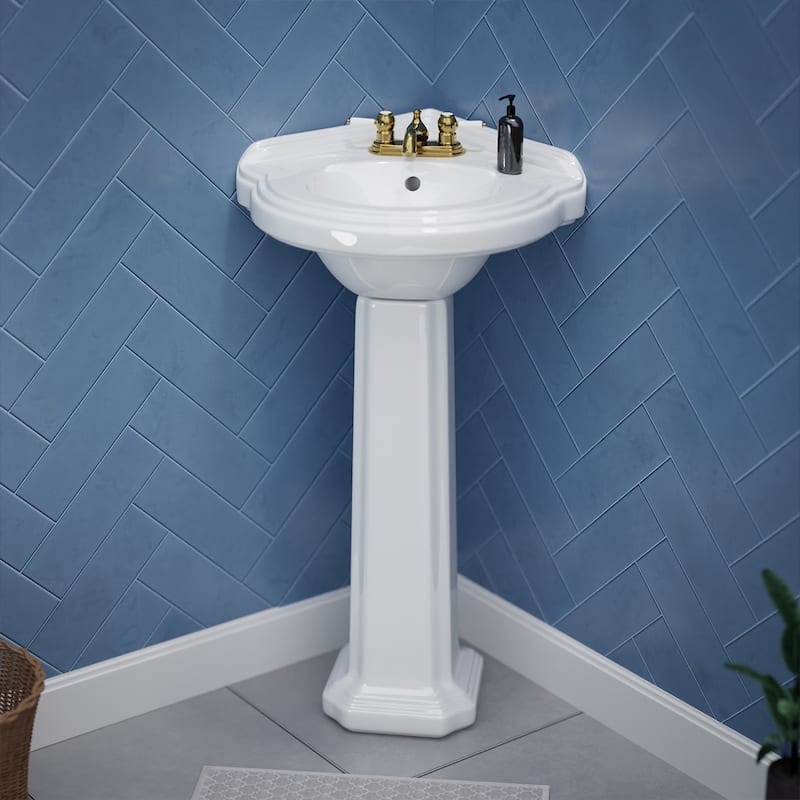 Portsmouth White Porcelain Corner Pedestal Sink with Overflow and 4 in. Centerset Faucet Holes