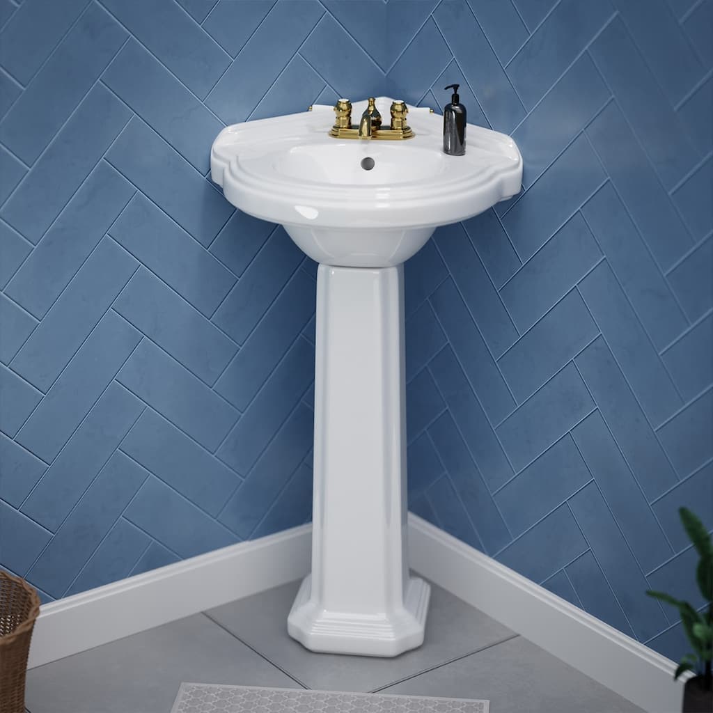 Portsmouth White Porcelain Corner Pedestal Sink with Overflow and 4 in. Centerset Faucet Holes