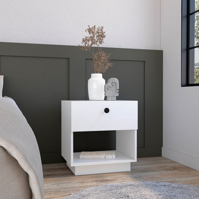 Single Drawer Nightstand 19"H with Open Storage Shelf, White - White