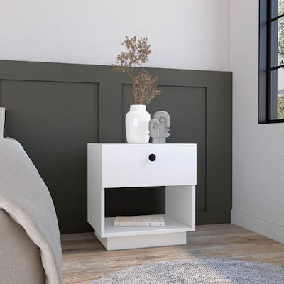 Single Drawer Nightstand 19"H with Open Storage Shelf, White