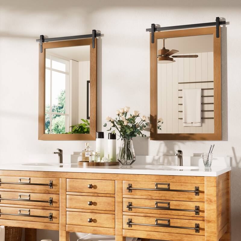 Farmhouse Barn Door Solid Wood Frame Bathroom Vanity Wall Mirror
