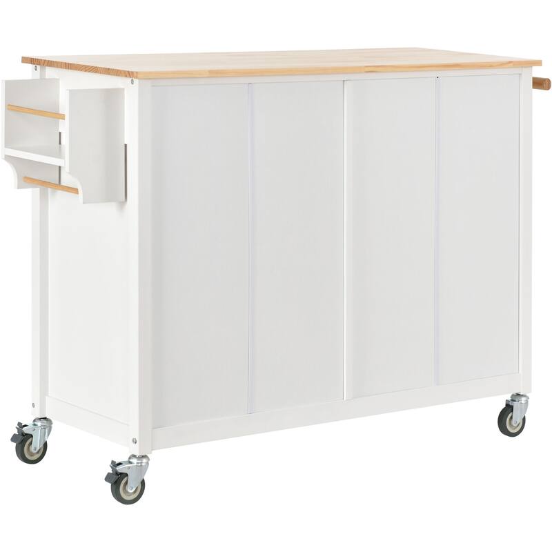 Kitchen Island Cart with Solid Wood Top, 4 Door Cabinet, 2 Drawers, Spice & Towel Rack, Locking Wheels, 54.3" - White