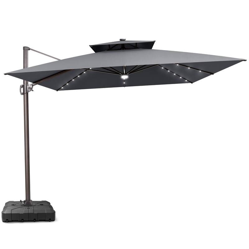 11 FT Outdoor Double Top Solar Powered LED Patio Cantilever Umbrella with Base