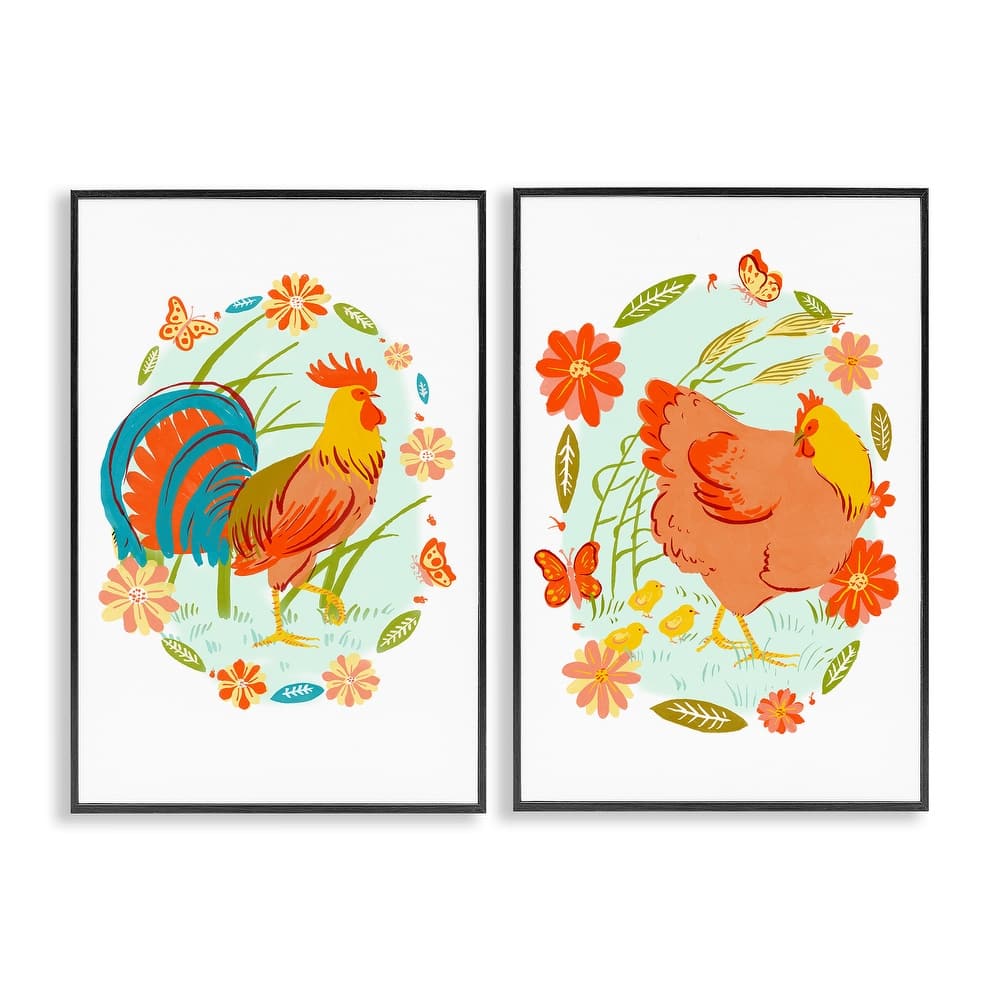 Stupell Rooster & Hen with Florals Framed Giclee Art Design By Hannah Moren (Set of 2)