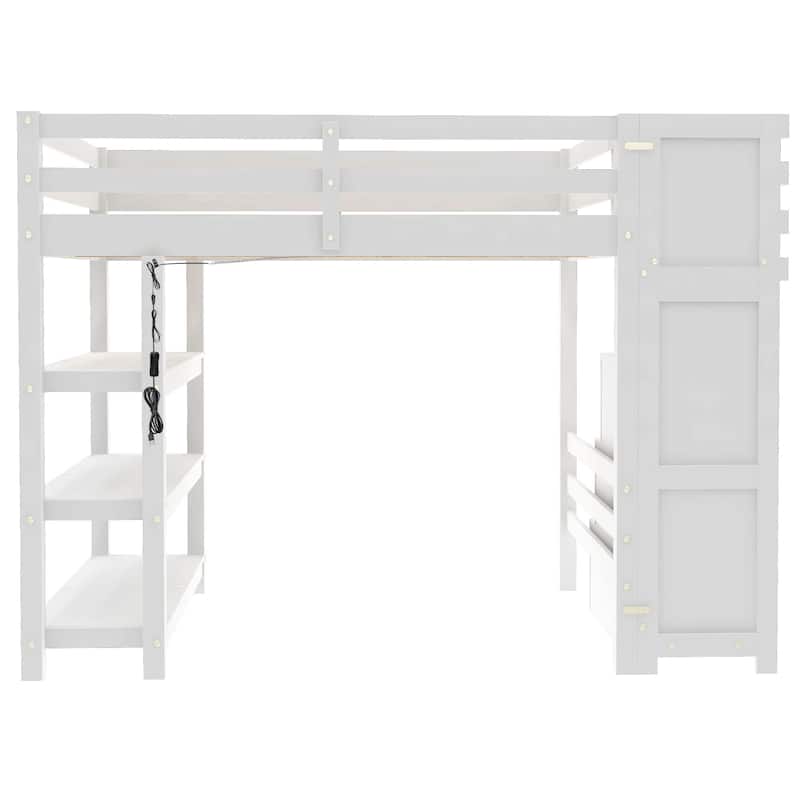 3-Tier Shelves Loft Bed White Wood Bed Frame with Storage Staircase and Safety Guardrail, Bright LED Lights Underneath