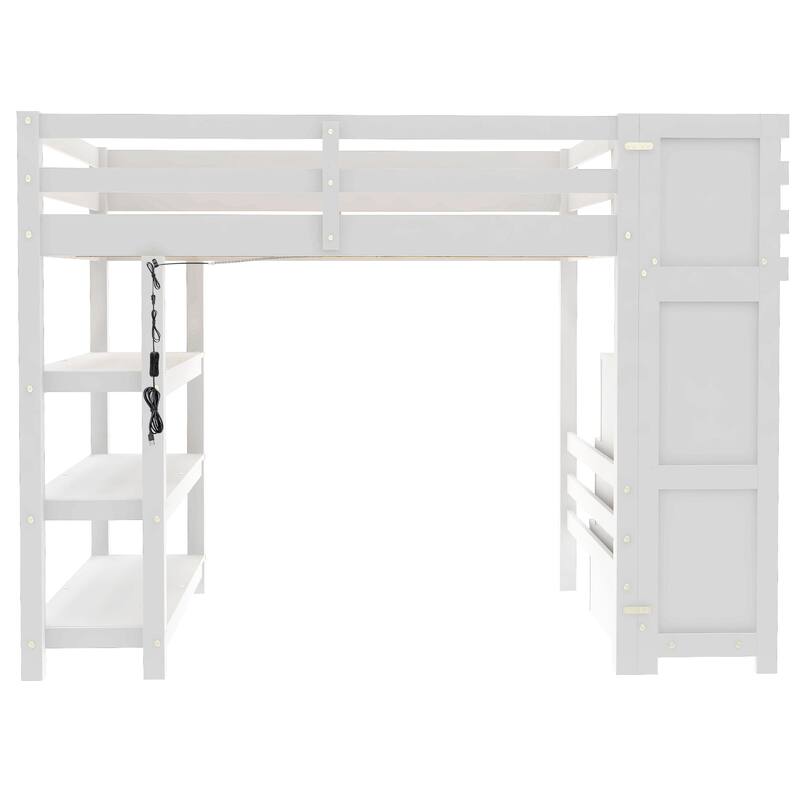 Twin/Full Size LED Loft Bed with Storage Staircase and Wardrobe, Solid Pine Wood High Loftbed Frame with 4 Layer Storage Shelves