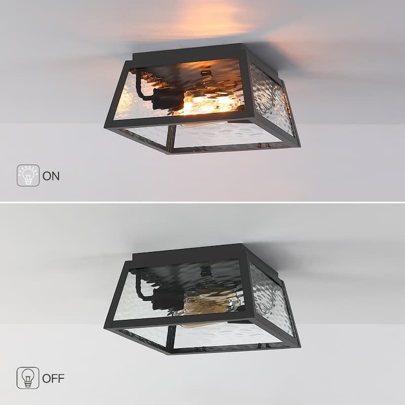 2-Light Black Outdoor Farmhouse Flush Mount Ceiling Light with Clear Water Glass - 11''W