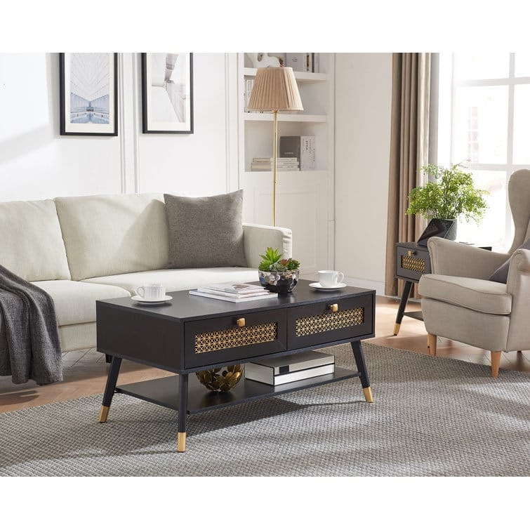Single Wood Rectangle Coffee Table With 2 Drawers - Black