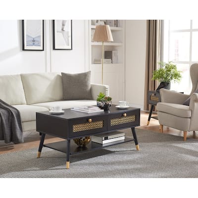 Single Wood Rectangle Coffee Table With 2 Drawers