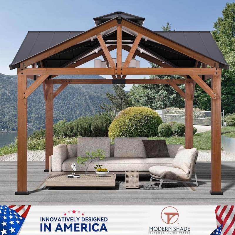 Cedar Wood Gazebo 12’ x 12’, Heavy Duty Hardtop Gazebo with Steel Roof, Water Resistant, Wind Resistant