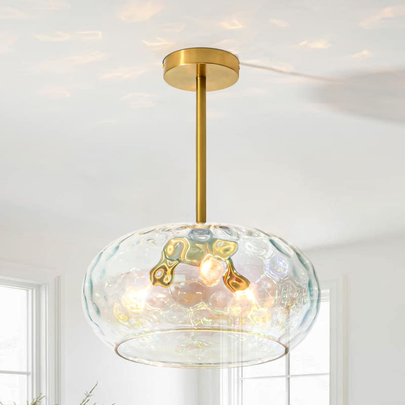 14.2" W 3-Light Modern Gold Dome Semi-Flush Mount Ceiling Light with Water Glass Shade for Foyer, Bedroom