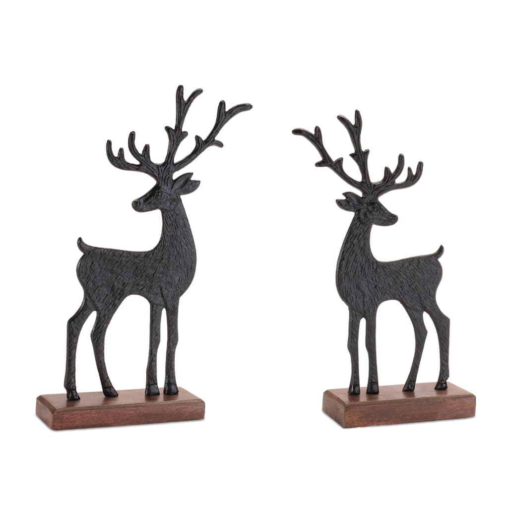 Metal Deer Figurines on Wood Base (Set of 2)
