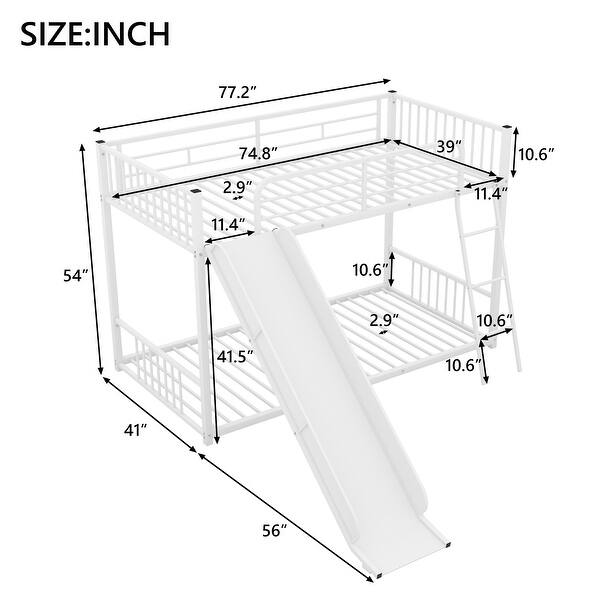 dimension image slide 0 of 2, Twin Over Twin Bunk Beds w/Built-in Ladder, Metal Frame Twin Over Twin Bedframe with Slide & Guardrail, No Box Spring Needed