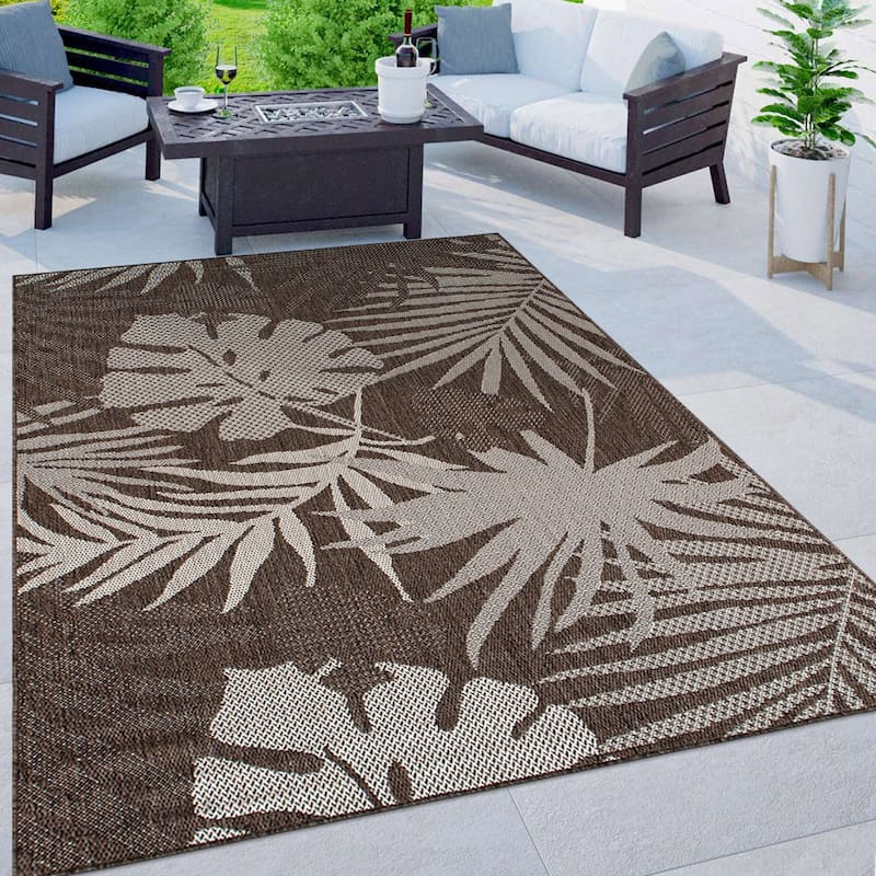 Contemporary Tropical Leaves Indoor/Outdoor Flatweave Waterproof Backyard Patio Area Rug