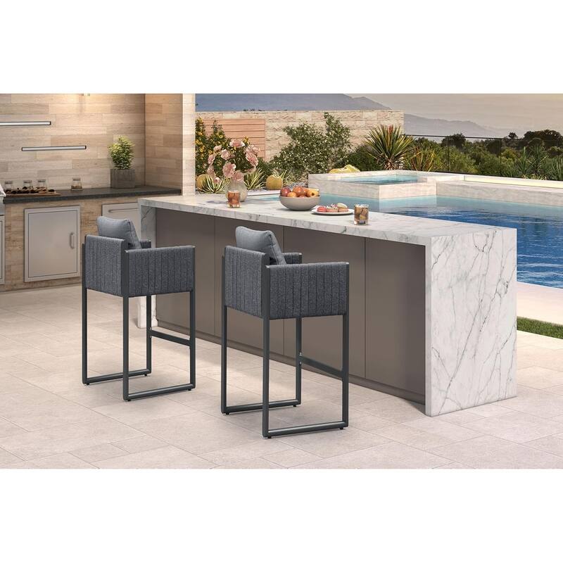 PURPLE LEAF Bar Stool Set of 2 Outdoor Rattan Bar Chair with Back Metal Bar Height Stool Wicker Barstool Dark Grey