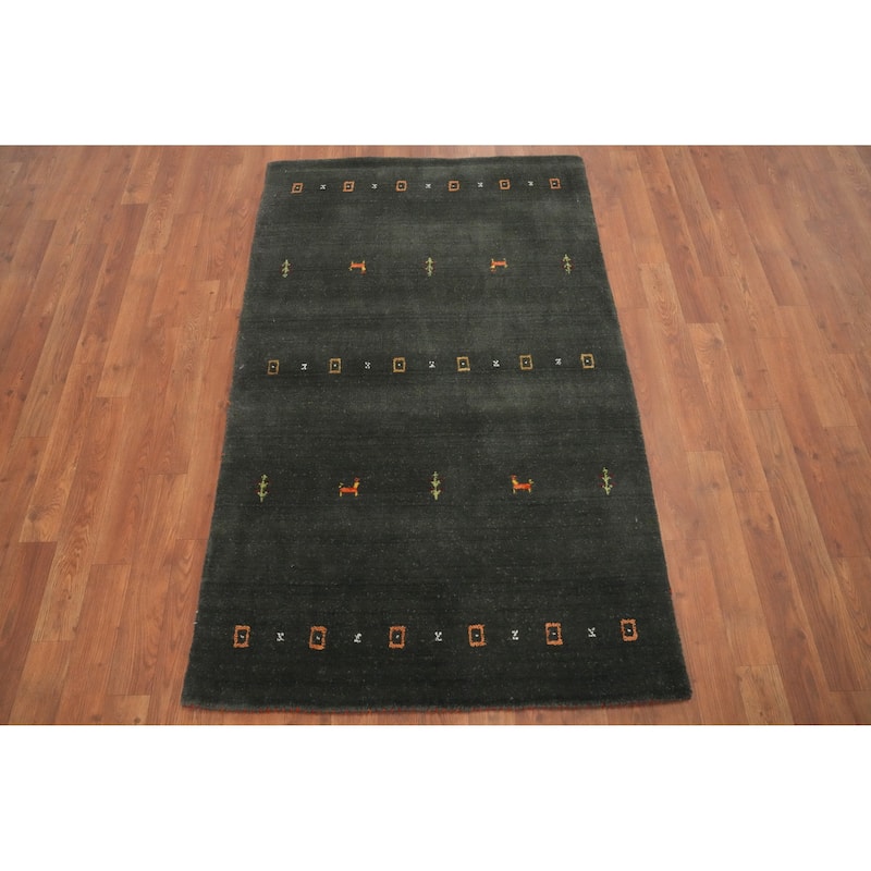 Hand Knotted Oriental 100% Wool Carpet Tribal Animal Pictorial Green Gabbeh Area Rug - 4' 11'' X 3' 0''