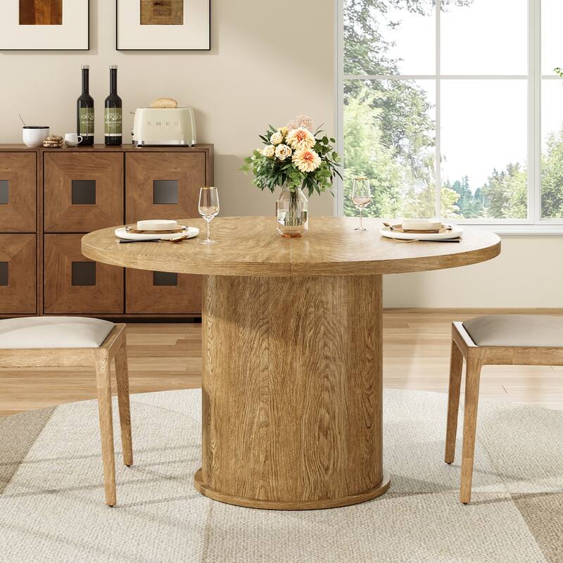 43" Round Dining Table for 4 People, Kitchen Dining Table with Wood Top and Sturdy Metal Pedestal Base, Easy Assembly - Walnut