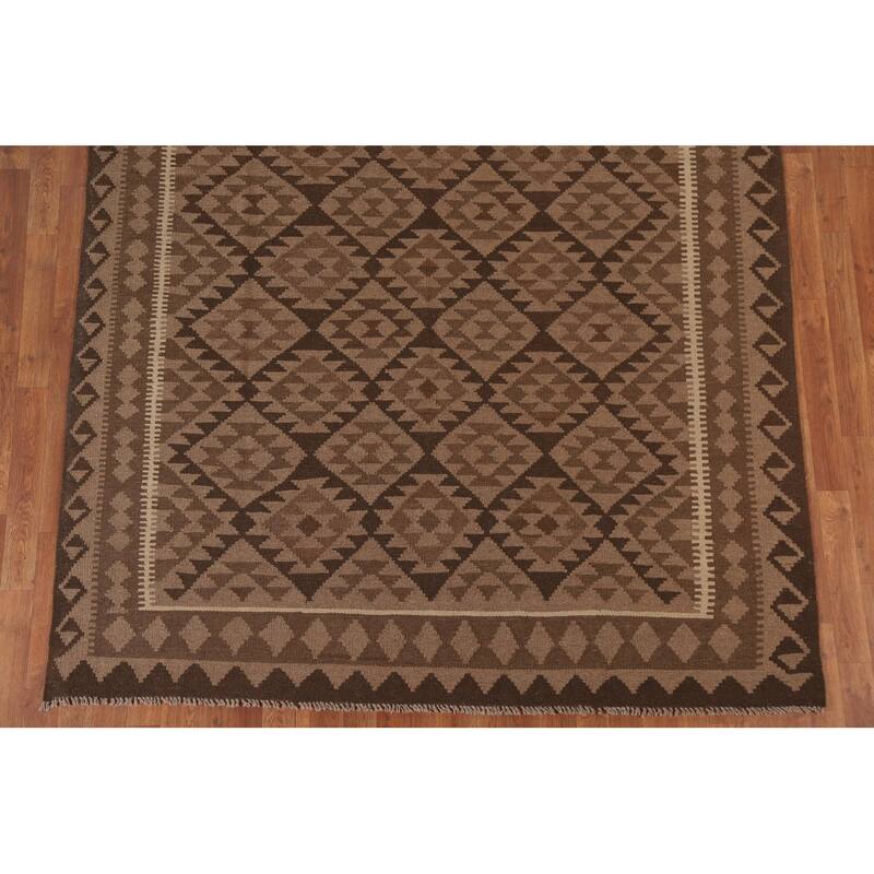 Hand Woven Oriental 100% Wool Carpet Southwestern Geometric Brown Kilim Area Rug - 10' 0'' X 6' 5''