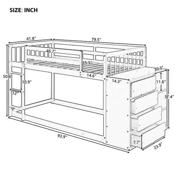 Twin over Twin Bunk Bed with 4 Drawers and 3 Shelves