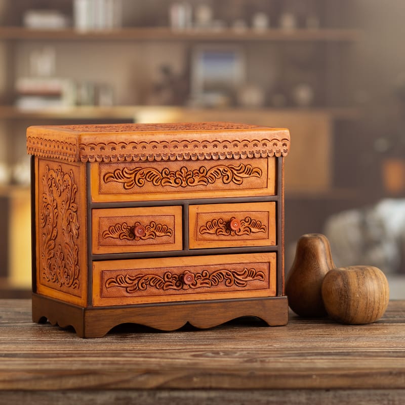 Novica Handmade Baroque Mysteries Wood And Leather Jewelry Box
