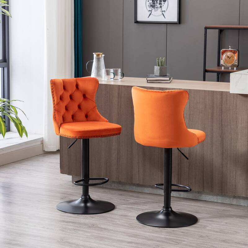 Roomfitters Swivel Velvet Bar Stools Set of 2, Adjustable Height Tufted Upholstered Counter Chairs with 17.7" Base and Backrest - Orange