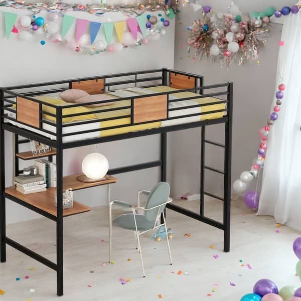 slide 2 of 12, Classic Elegant Twin Loft Bed House Bed with Desk and Shelve Black
